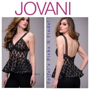 Jovani | Stunning V-Neck Lace Peplum Top -‎ Black, Size 8